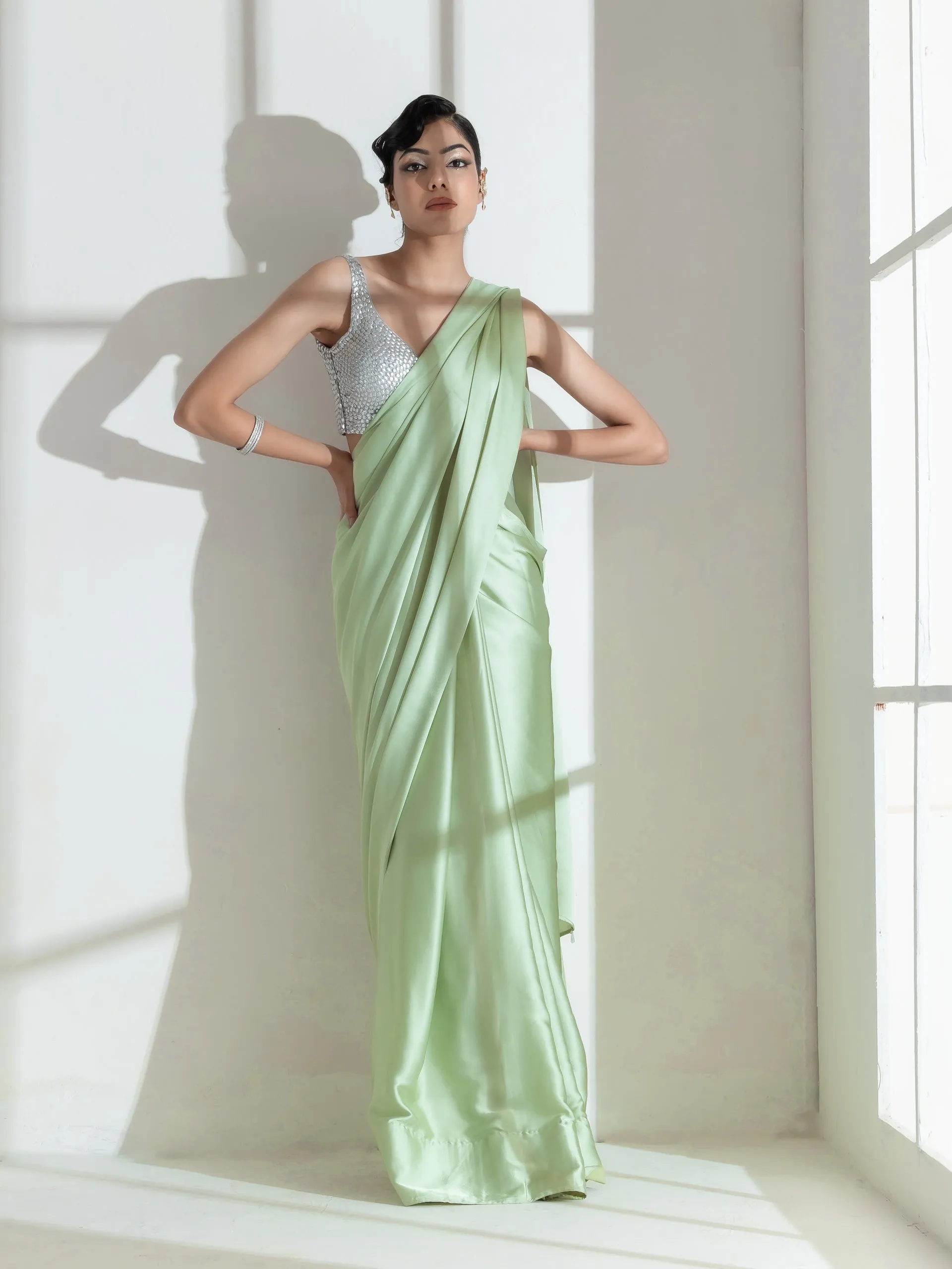 Pista Satin Saree with Transparent beads