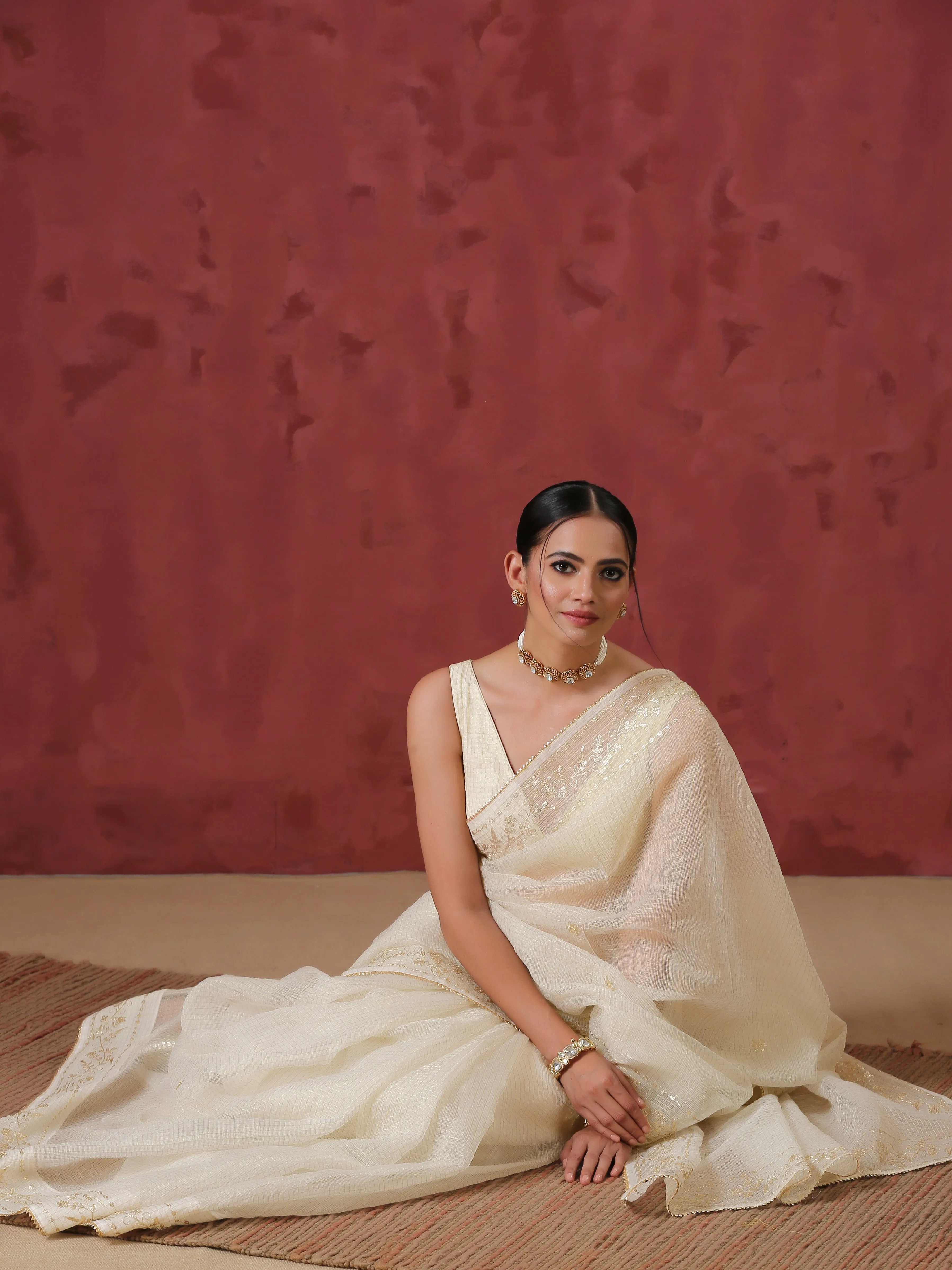 Pitta Cream Kota Hand Embroidered Saree