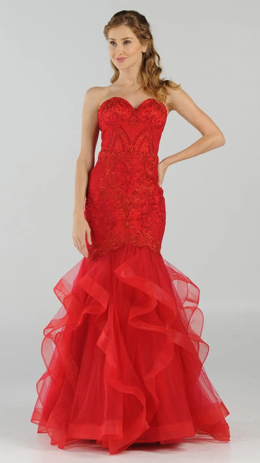 Poly USA 8198 Strapless Tiered Mermaid Dress Embroidered