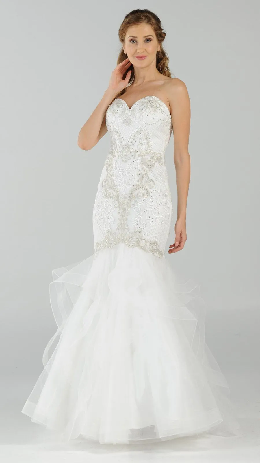 Poly USA 8198 Strapless Tiered Mermaid Dress Embroidered