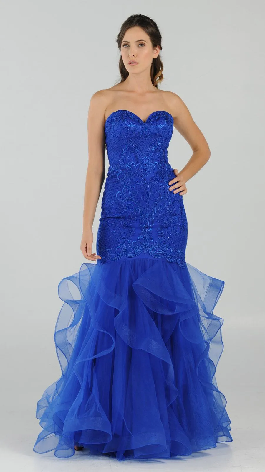 Poly USA 8198 Strapless Tiered Mermaid Dress Embroidered
