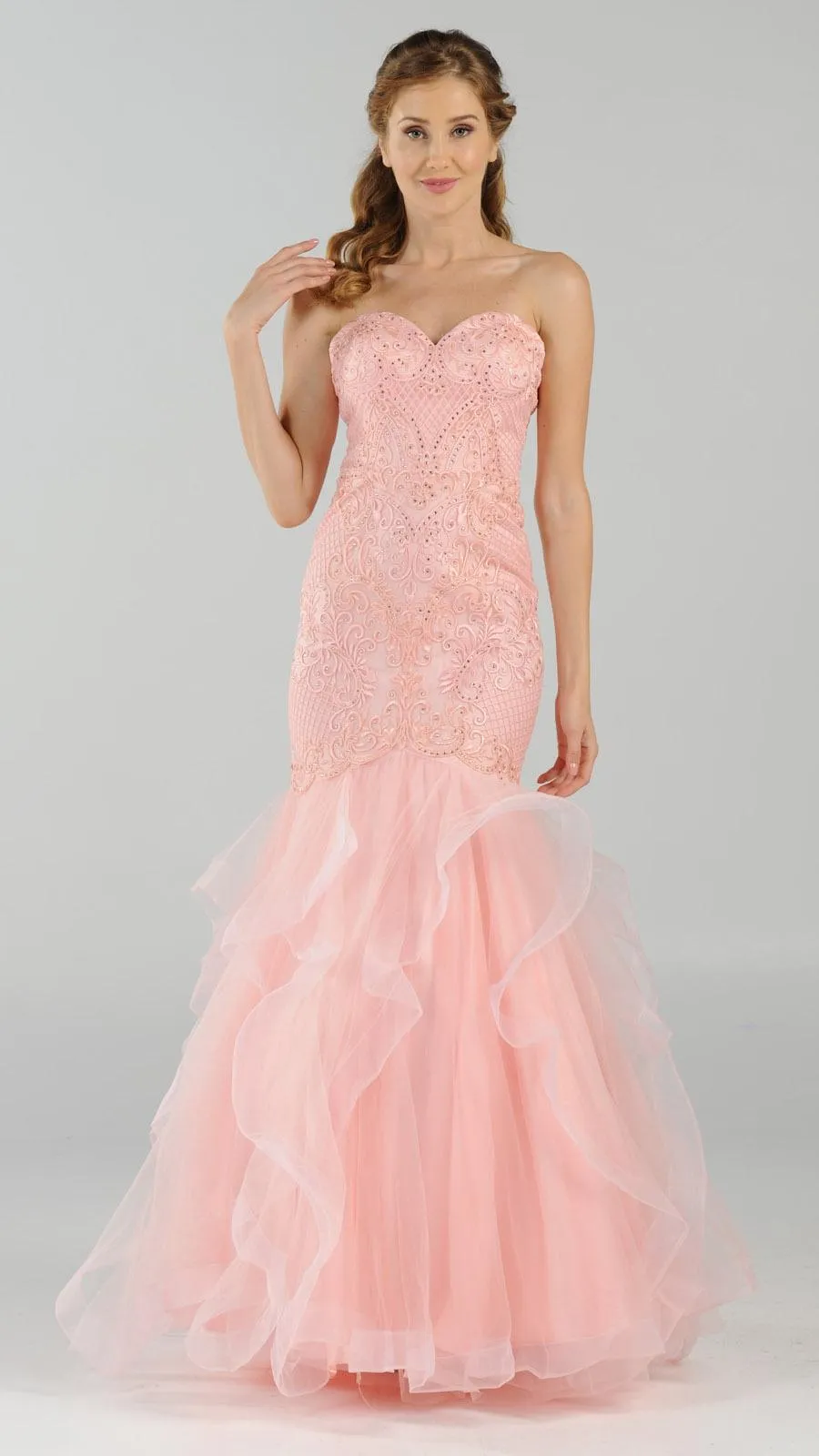 Poly USA 8198 Strapless Tiered Mermaid Dress Embroidered