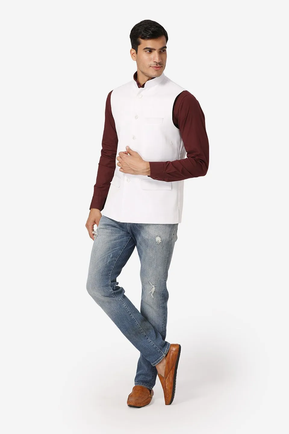Polyester Cotton White Modi Nehru Jacket