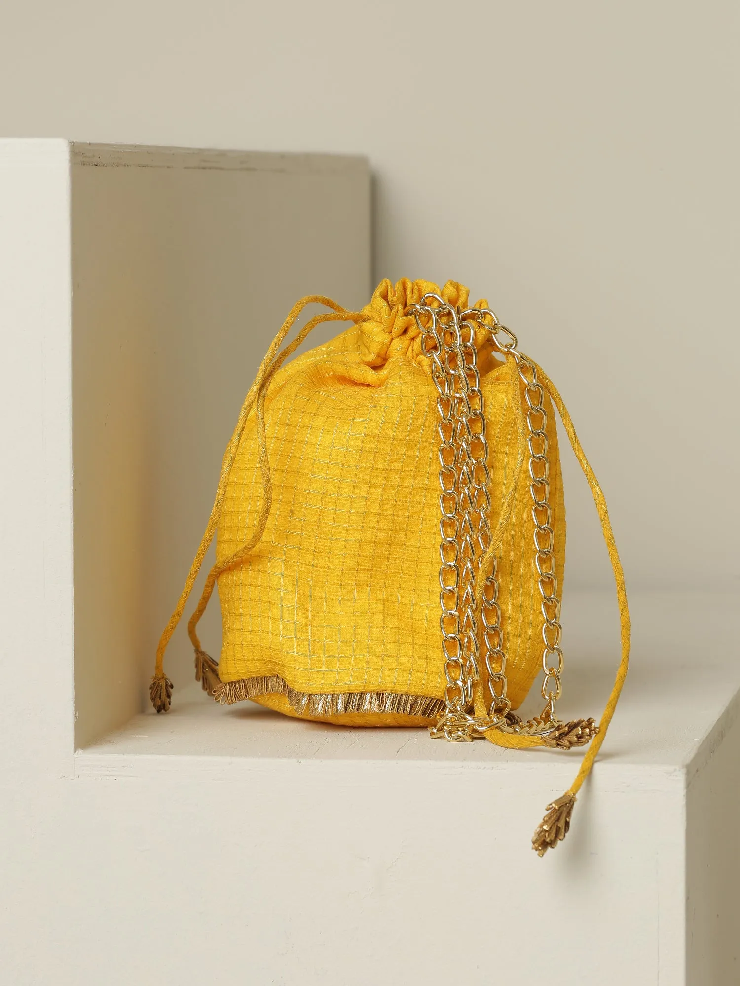 Potli - Yellow Kota Golden Checks Potli with Pink Round Patch