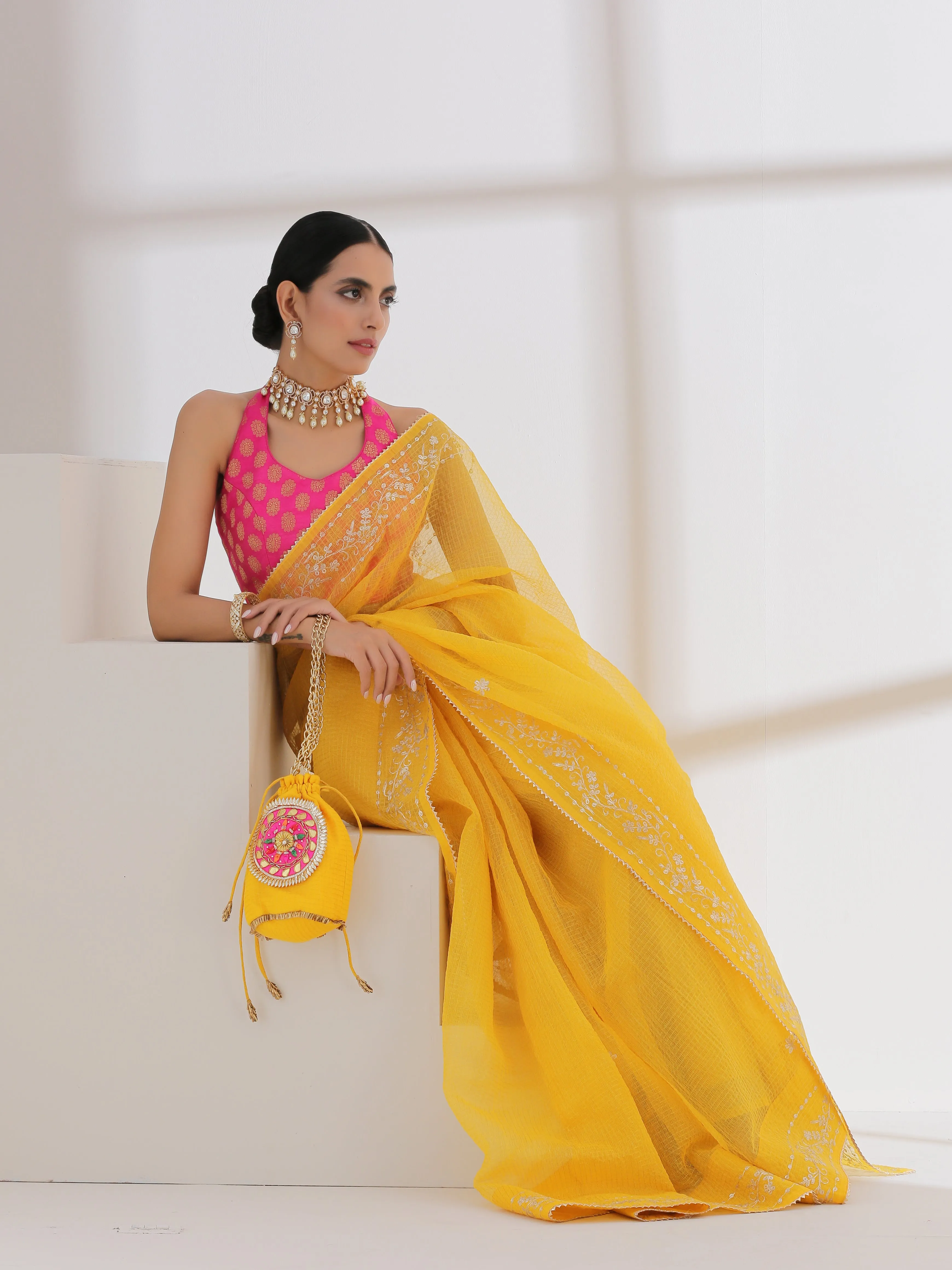 Potli - Yellow Kota Golden Checks Potli with Pink Round Patch
