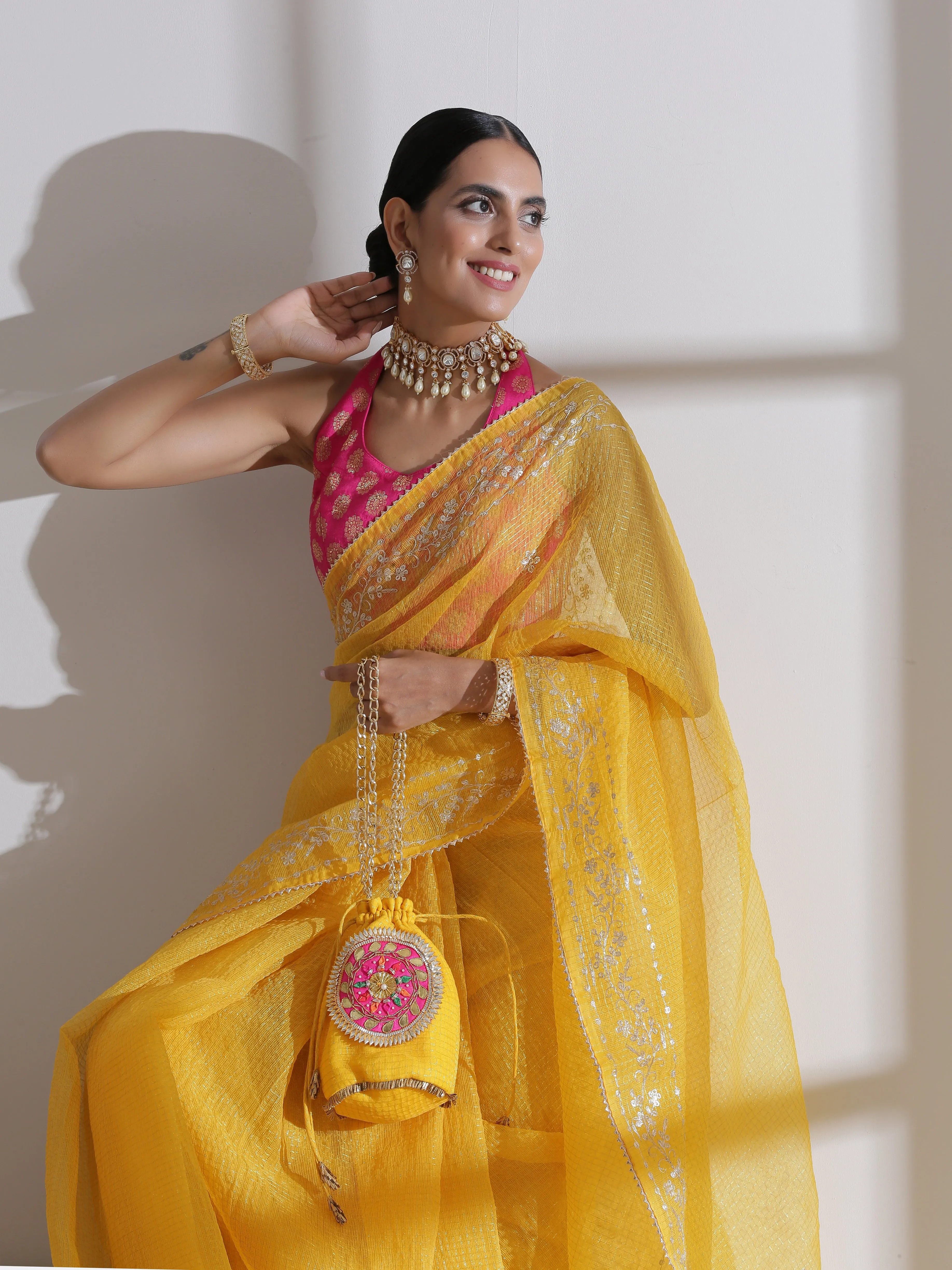 Potli - Yellow Kota Golden Checks Potli with Pink Round Patch