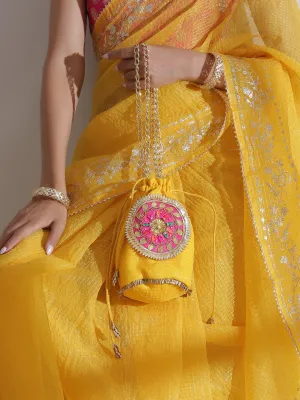Potli - Yellow Kota Golden Checks Potli with Pink Round Patch