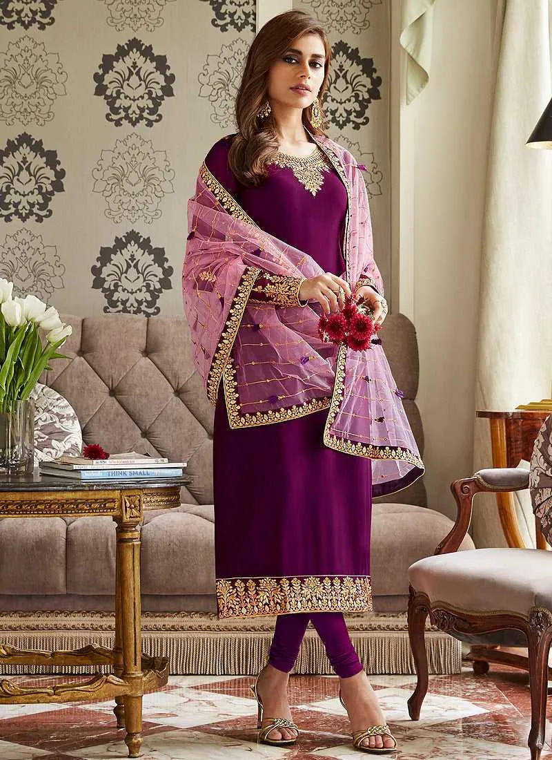 Purple and Gold Embroidered Straight Pant Style Suit