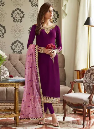 Purple and Gold Embroidered Straight Pant Style Suit