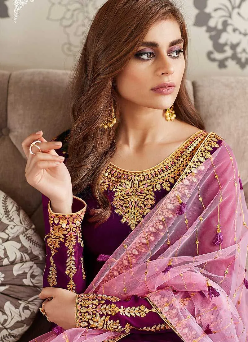 Purple and Gold Embroidered Straight Pant Style Suit