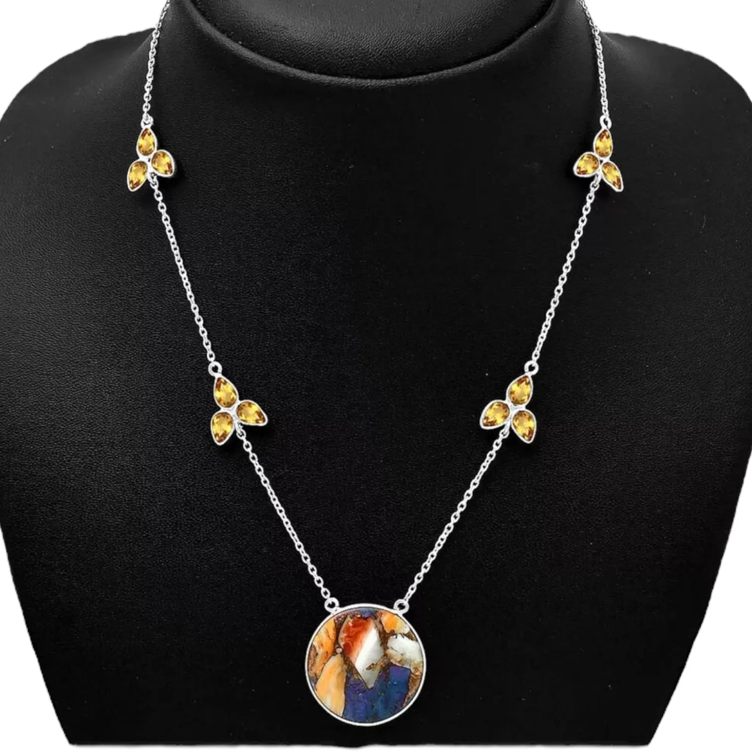 Purple Dahlia & Citrine Solid 925 Sterling Silver Necklace