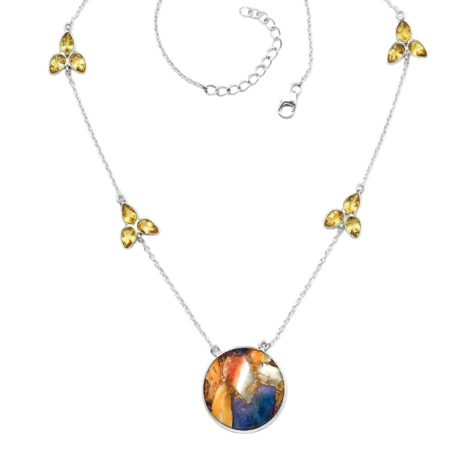 Purple Dahlia & Citrine Solid 925 Sterling Silver Necklace