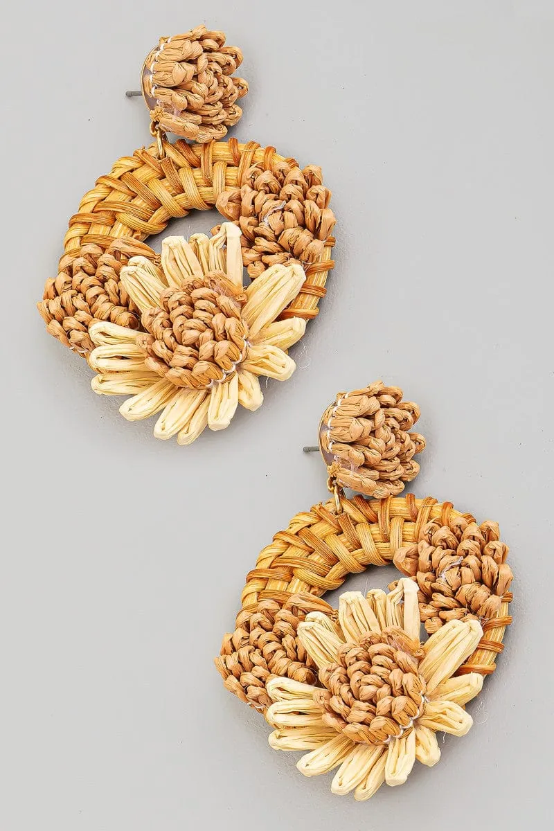 Raffia Flower Braided Hoop Drop Earrings In Light Brown
