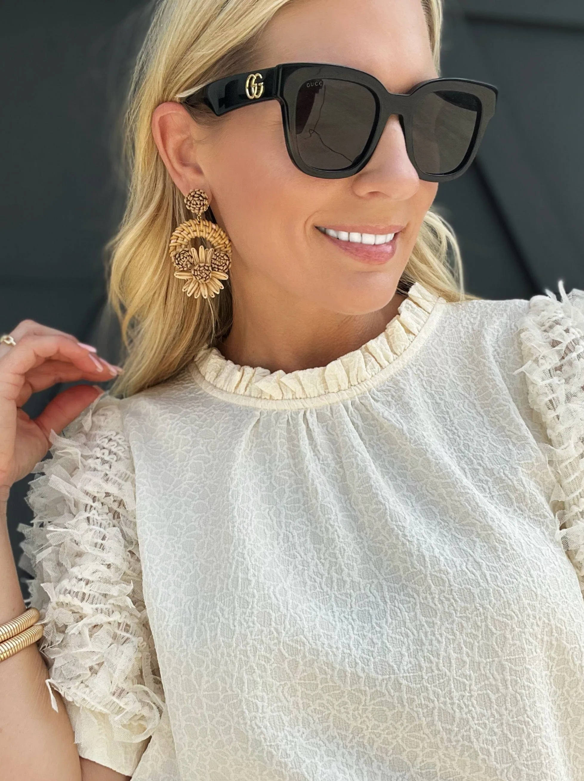 Raffia Flower Braided Hoop Drop Earrings In Light Brown