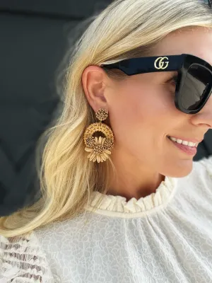 Raffia Flower Braided Hoop Drop Earrings In Light Brown