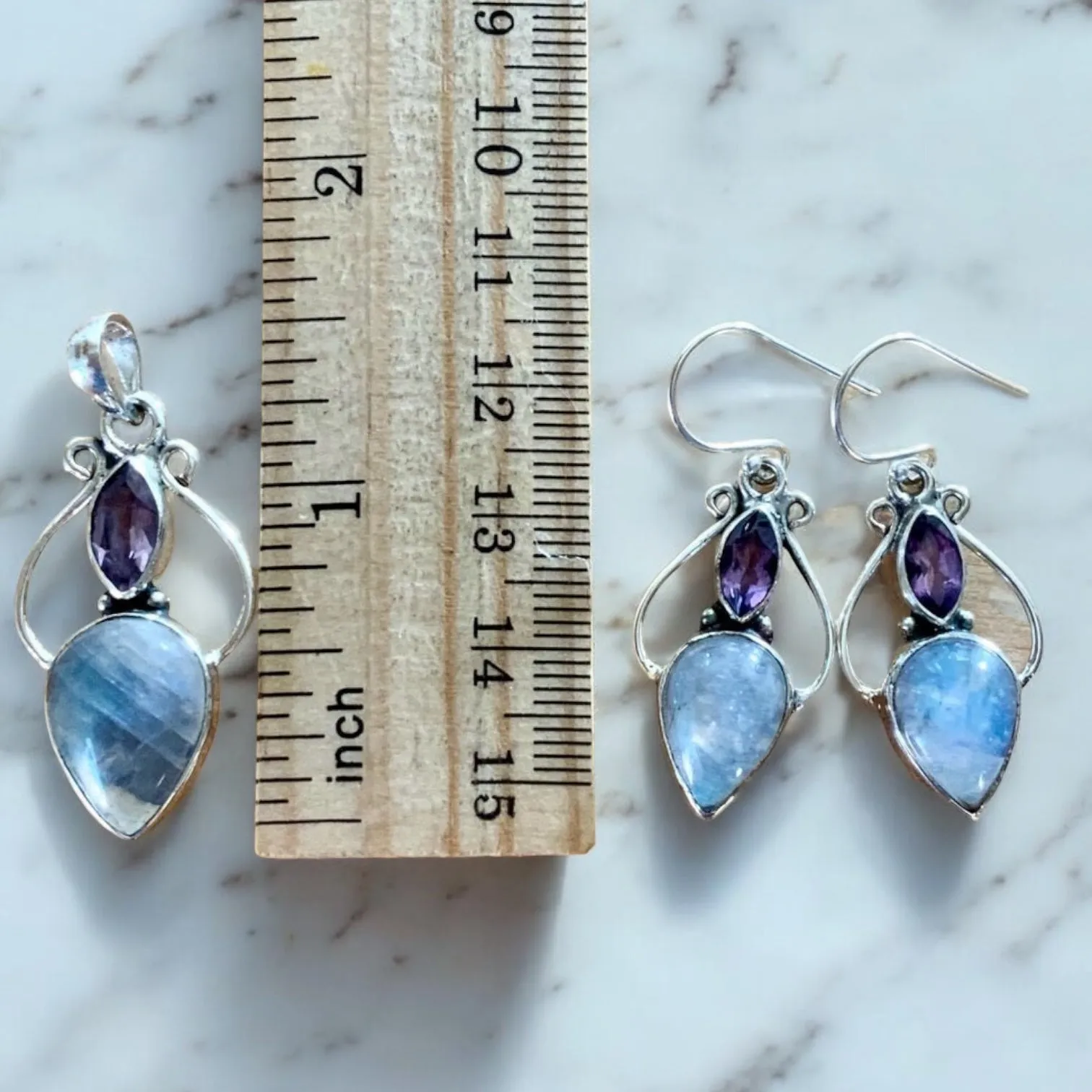 Rainbow Moonstone & Amethyst Solid 925 Sterling Silver Pendant Earrings Set