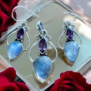 Rainbow Moonstone & Amethyst Solid 925 Sterling Silver Pendant Earrings Set