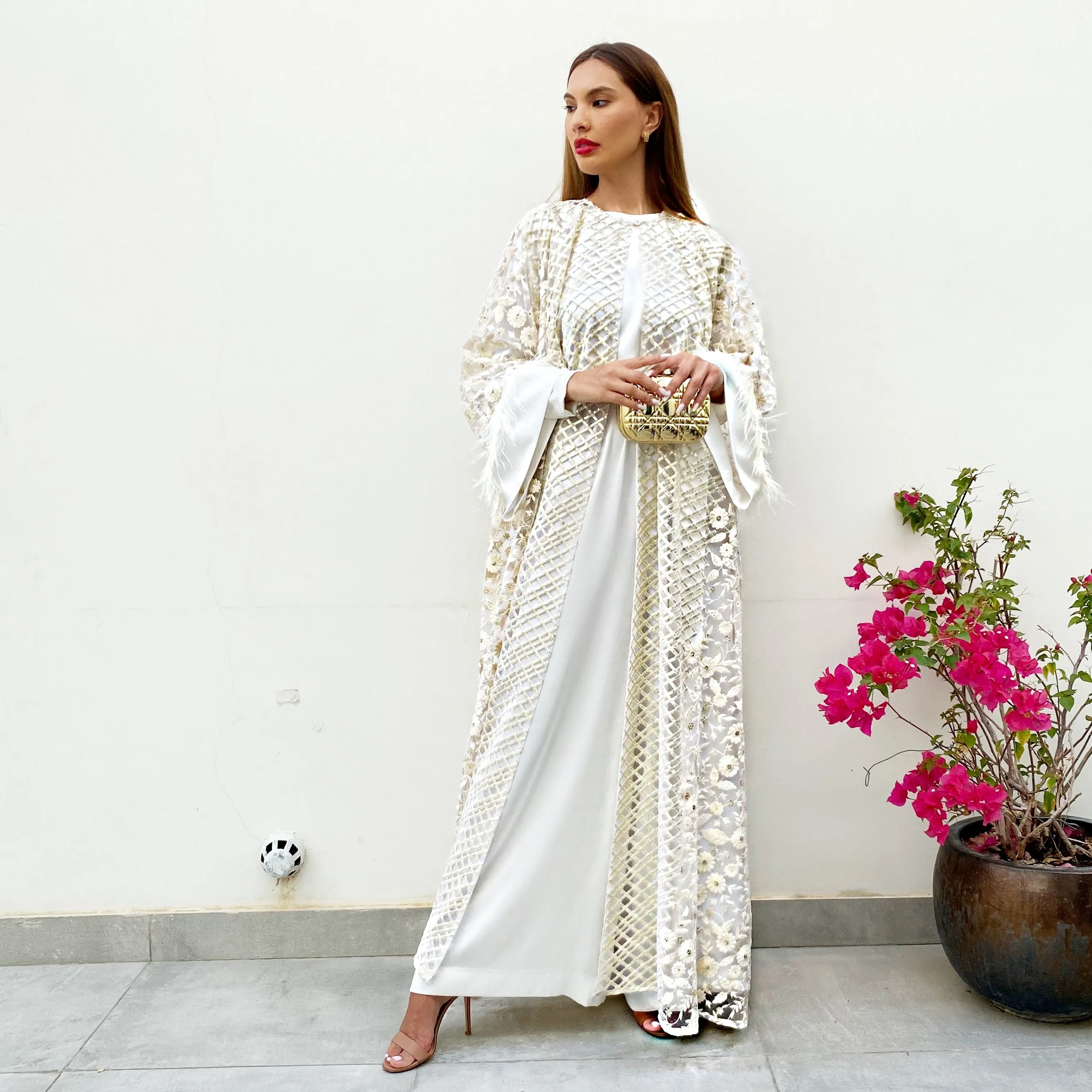 RAM21 CREAM TULLE SEQUINS & EMROIDERED ABAYA SET