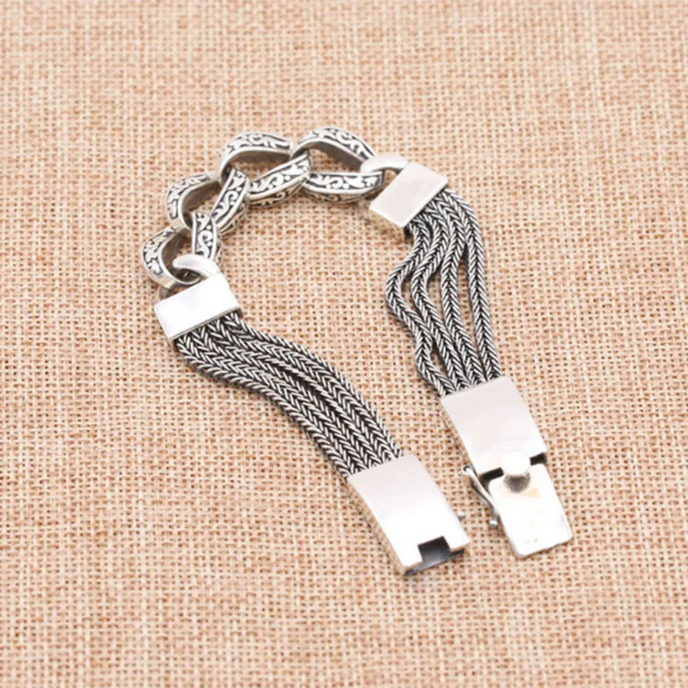 Real Solid 925 Sterling Silver Bracelet Cuban Link Chain Braided Safeness Stripe 7.9"