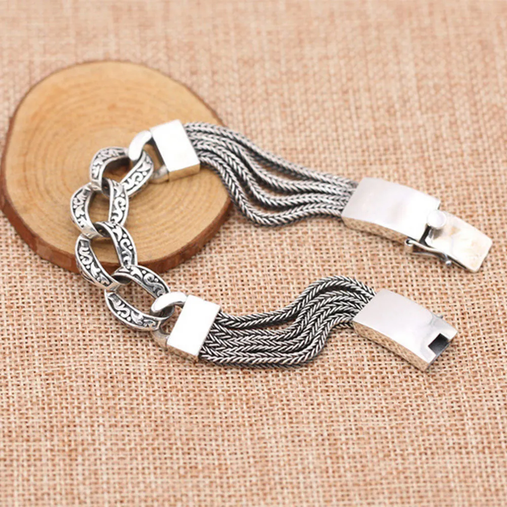 Real Solid 925 Sterling Silver Bracelet Cuban Link Chain Braided Safeness Stripe 7.9"