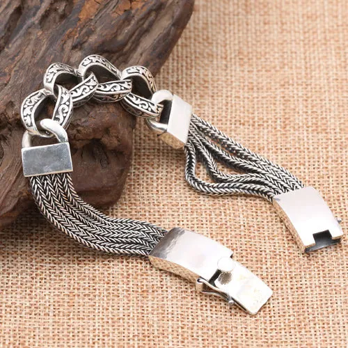 Real Solid 925 Sterling Silver Bracelet Cuban Link Chain Braided Safeness Stripe 7.9"