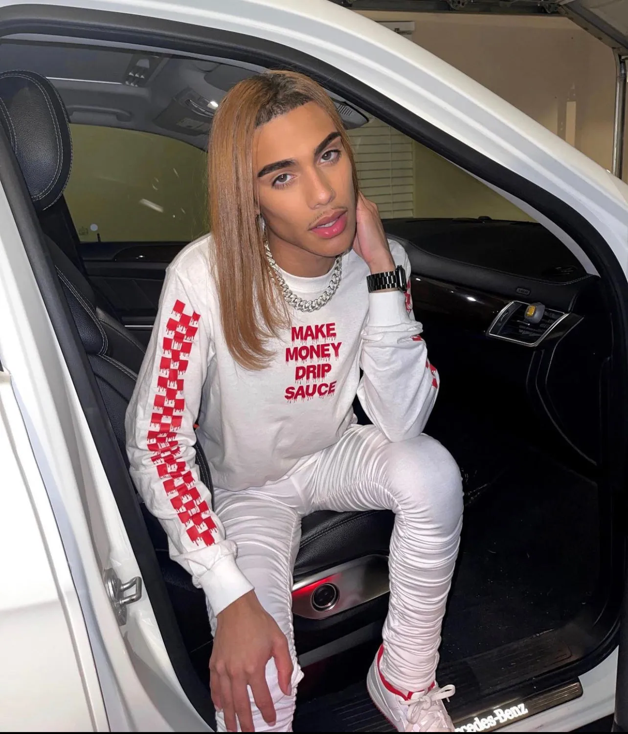 RED MMDS | White Long Sleeve Tee (Solid Red Checkered Sleeves)