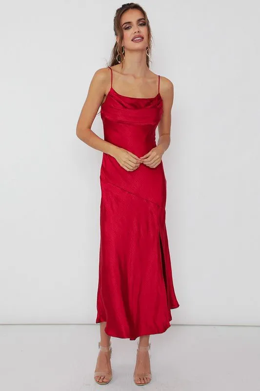Red Satin Side Slit Midi Dress