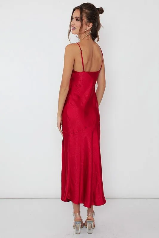Red Satin Side Slit Midi Dress