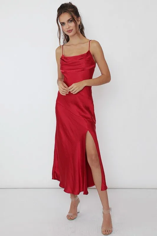 Red Satin Side Slit Midi Dress