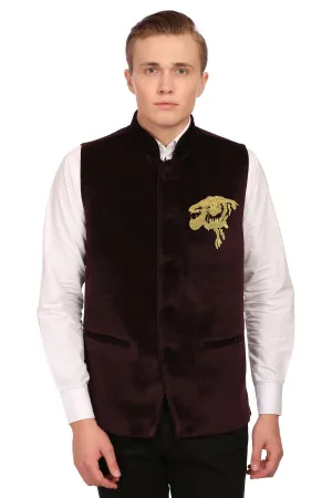 Red Velvet Nehru Jacket with Gold Embroidery