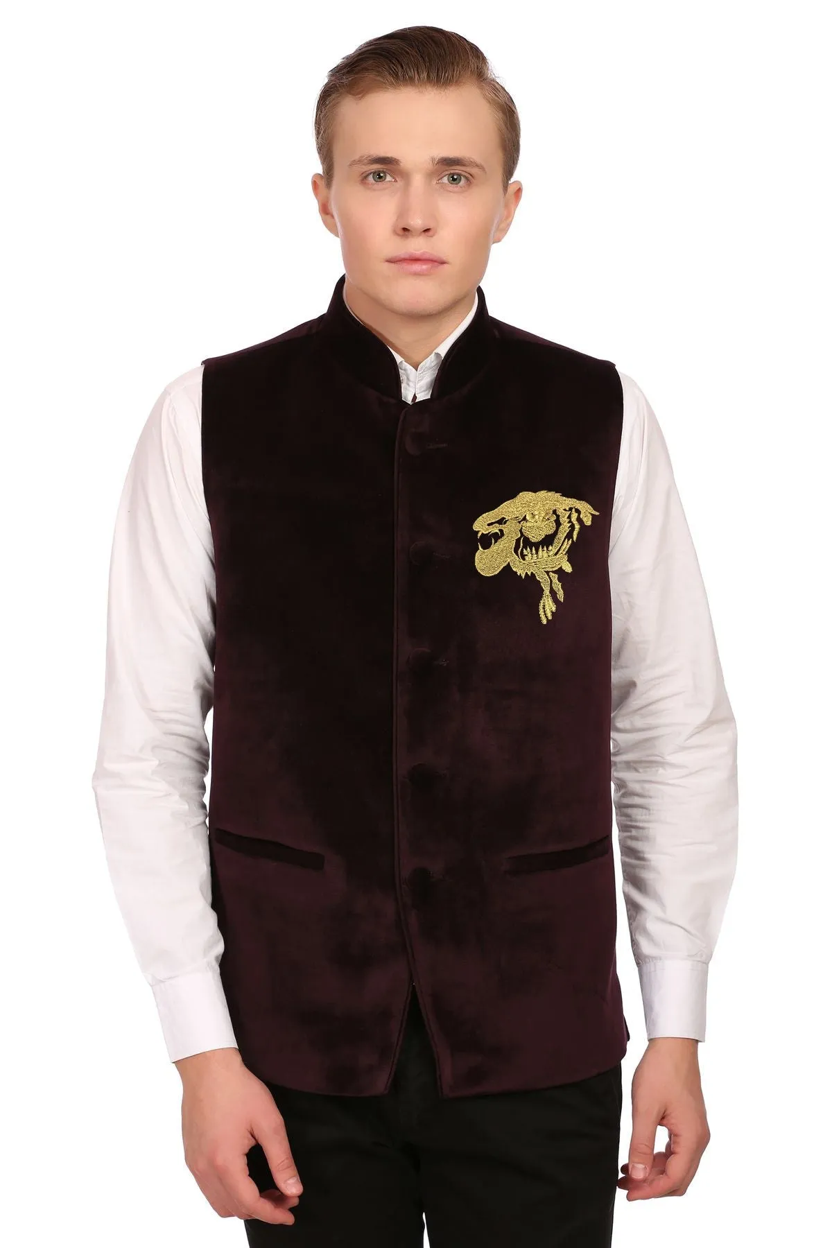 Red Velvet Nehru Jacket with Gold Embroidery