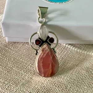 Rhodochrosite, Moonstone & Garnet Solid 925 Sterling Silver Pendant