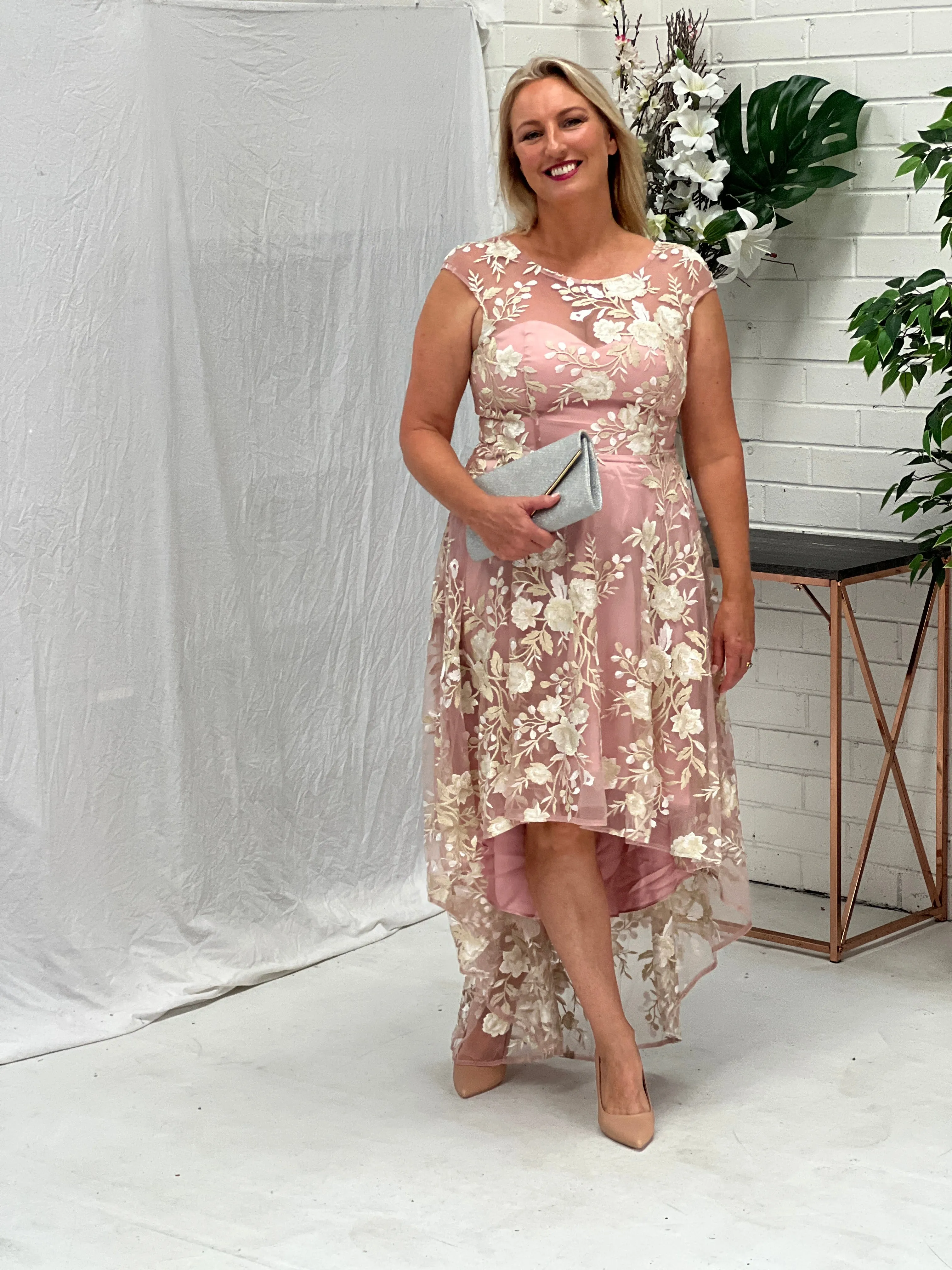 Ria Blush Embroidered Evening Dress