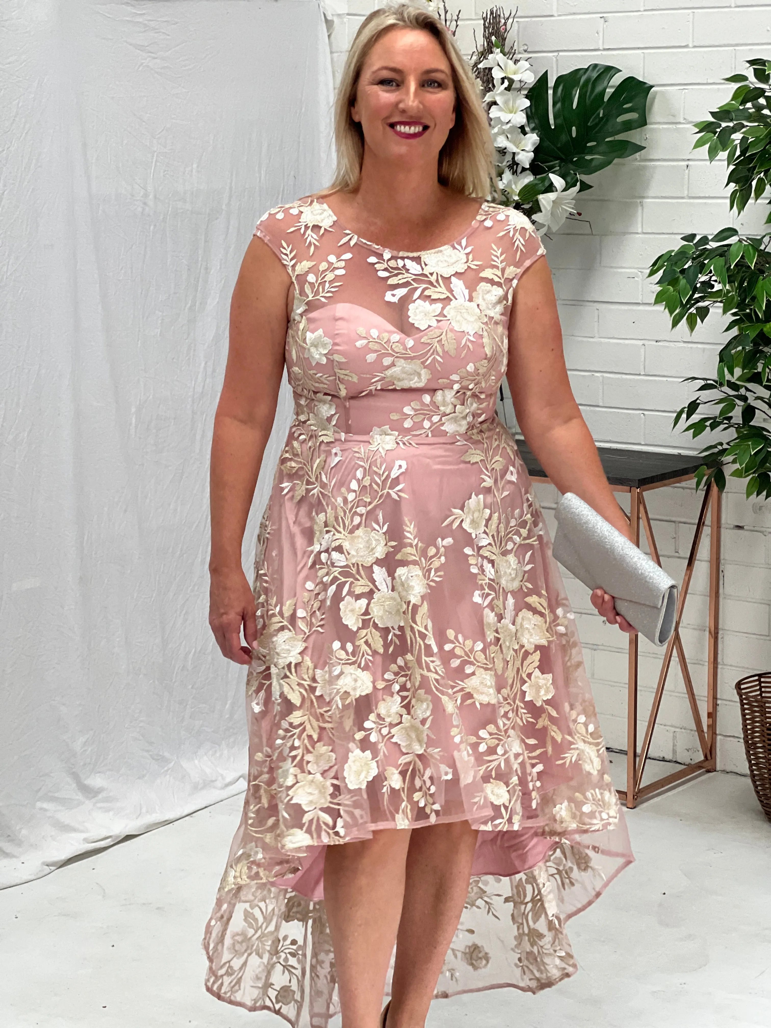 Ria Blush Embroidered Evening Dress