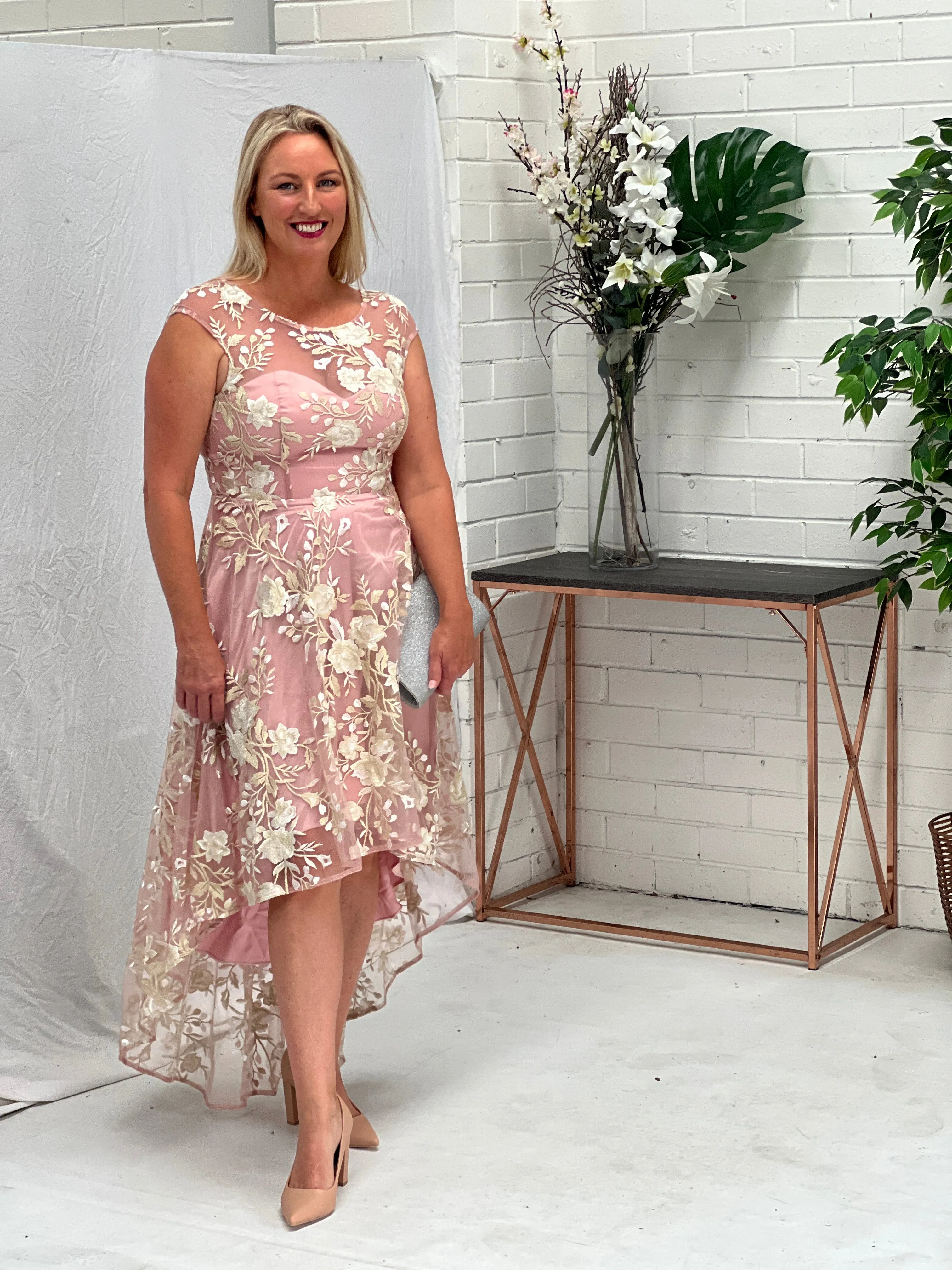 Ria Blush Embroidered Evening Dress