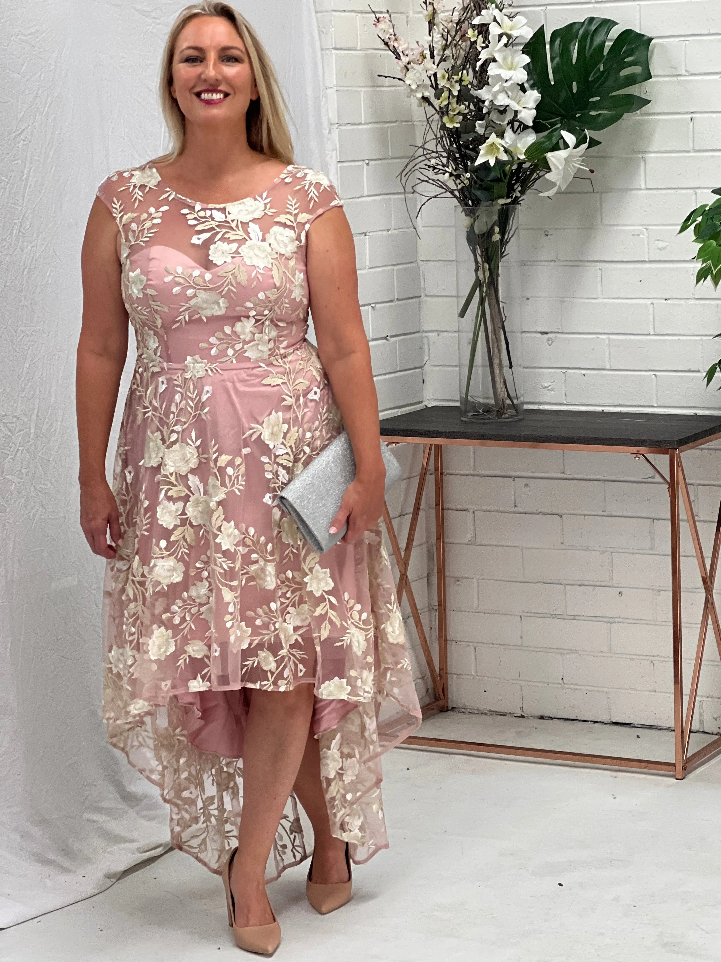 Ria Blush Embroidered Evening Dress