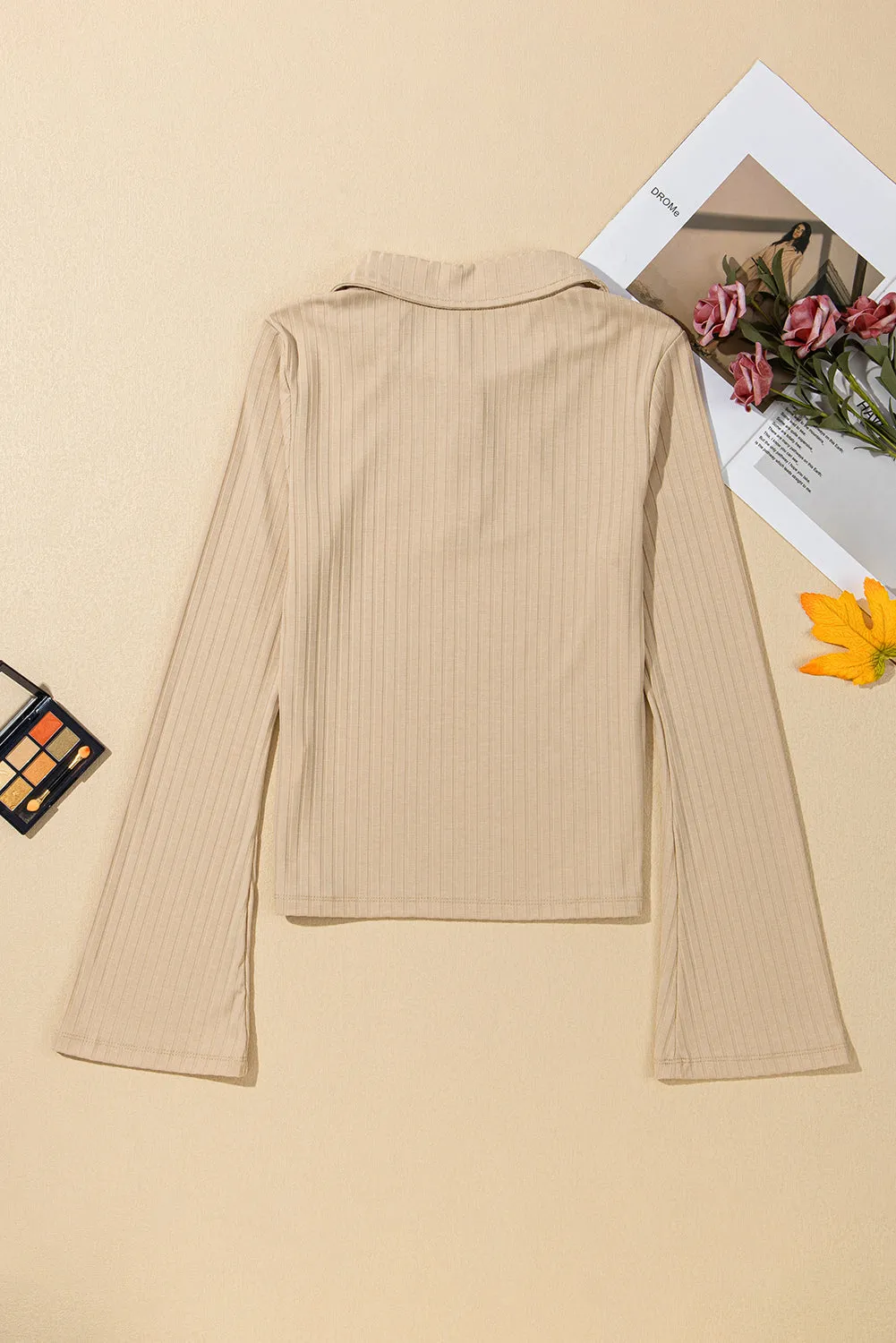 Ribbed Buttoned Collar Slim Fit Top