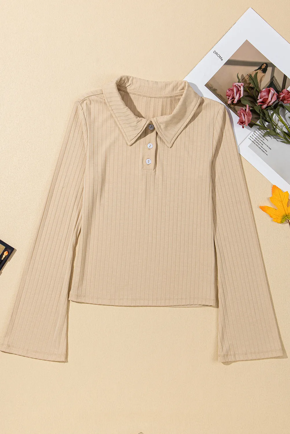 Ribbed Buttoned Collar Slim Fit Top