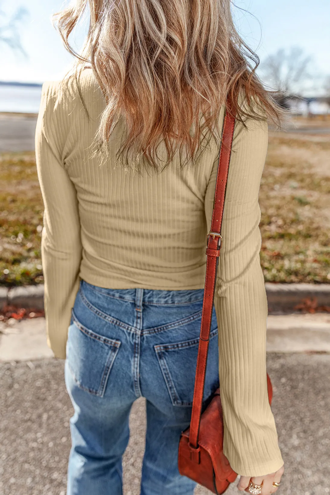 Ribbed Buttoned Collar Slim Fit Top