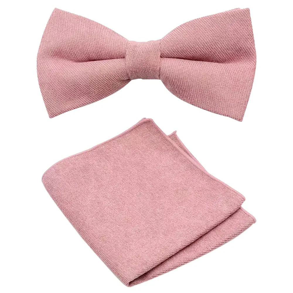 Rose Dusty Pink Cotton Bow Tie, Pocket Square and Beige Braces Set