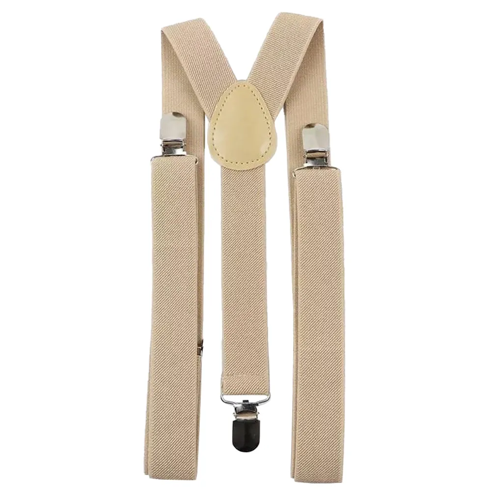 Rose Dusty Pink Cotton Bow Tie, Pocket Square and Beige Braces Set