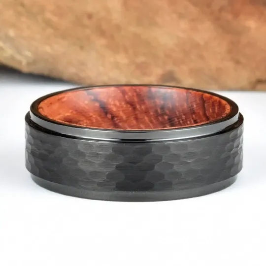 Rose Wood Hammered Black Tungsten Men's Wedding Band 8MM