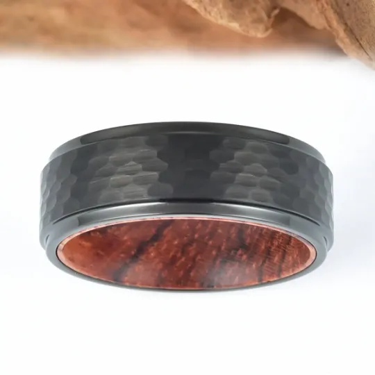 Rose Wood Hammered Black Tungsten Men's Wedding Band 8MM