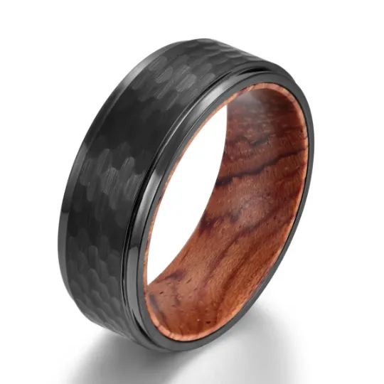 Rose Wood Hammered Black Tungsten Men's Wedding Band 8MM