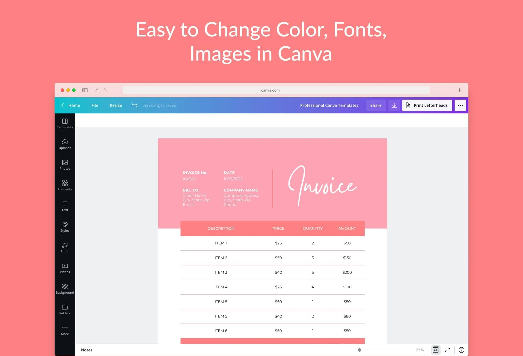 Roseberry Invoice Canva Template Printable and Editable