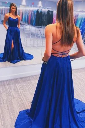 Royal Blue Long Prom Dress Maxi Slit Side Strappy Back