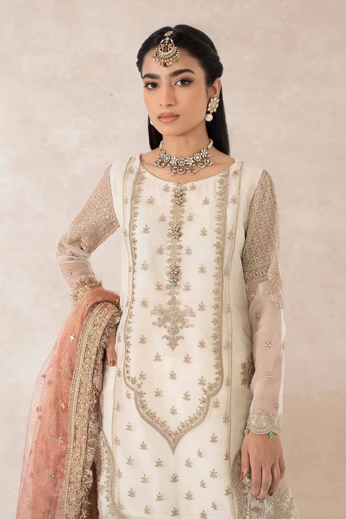 Royal Ivory Pakistani Party Wear Embroidered Kameez Gharara Pink Dupatta