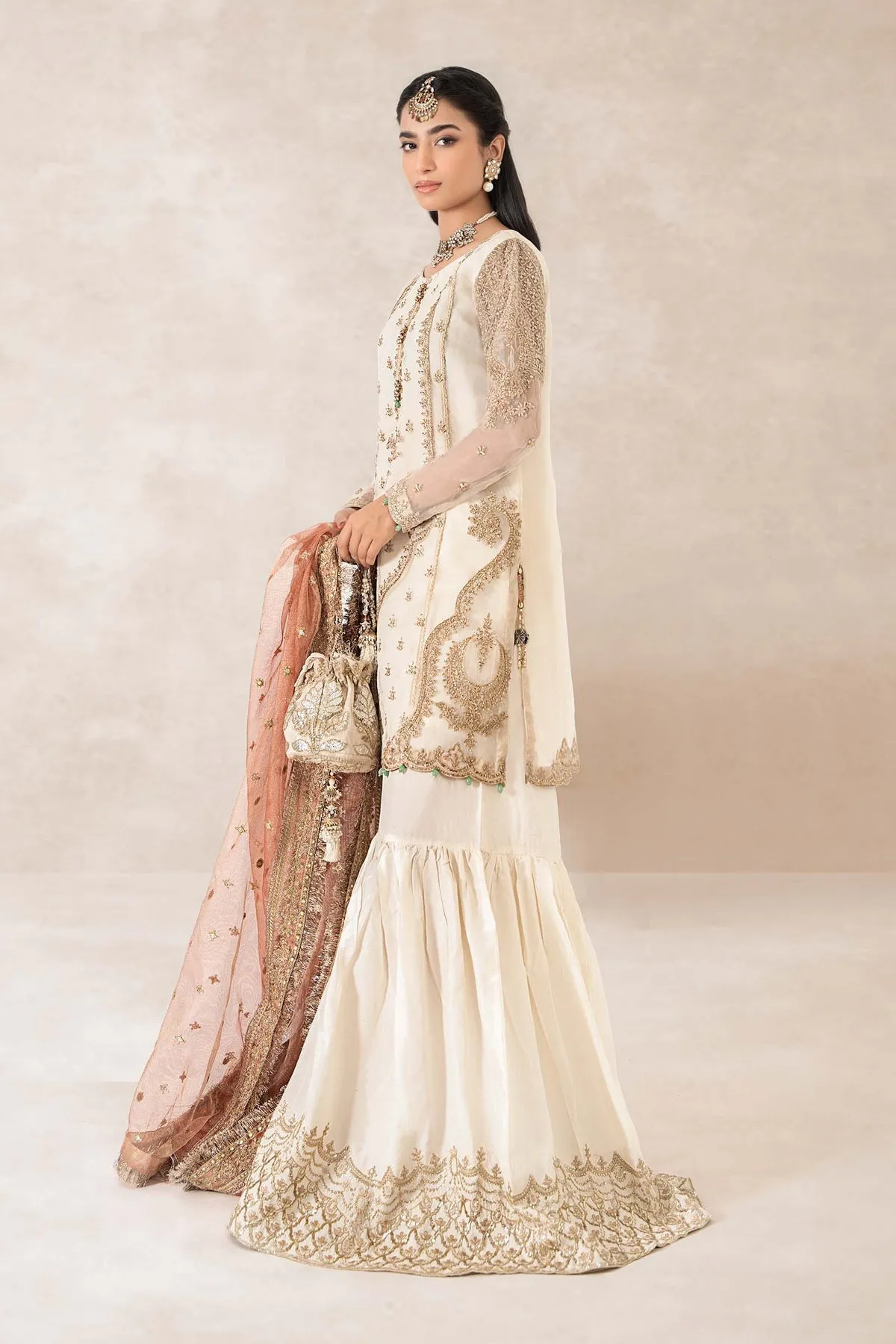 Royal Ivory Pakistani Party Wear Embroidered Kameez Gharara Pink Dupatta