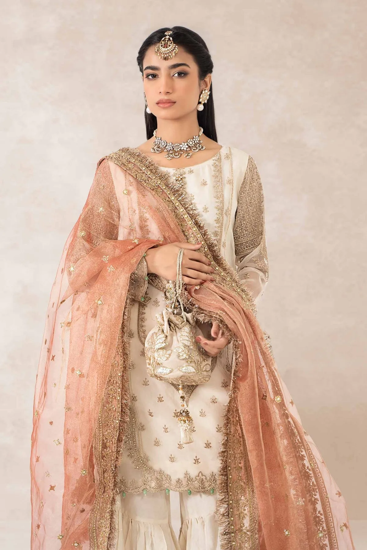 Royal Ivory Pakistani Party Wear Embroidered Kameez Gharara Pink Dupatta