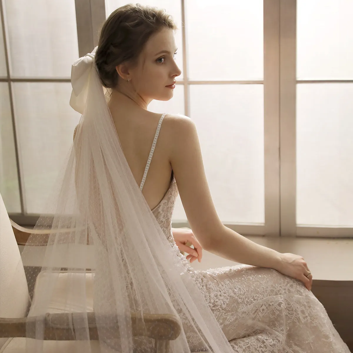 Roycebridal Big Bow Long Chapel Length Veil